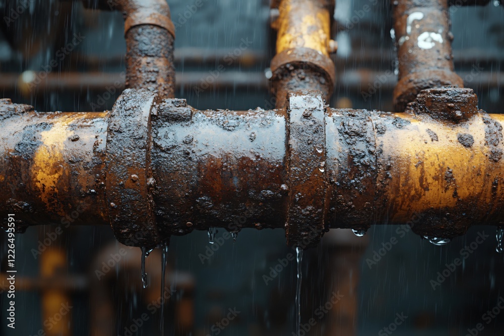 Rusted pipes in rain with dripping water drops and dark background industrial texture Rusted pipes in rain with dripping water drops and dark background industrial texture