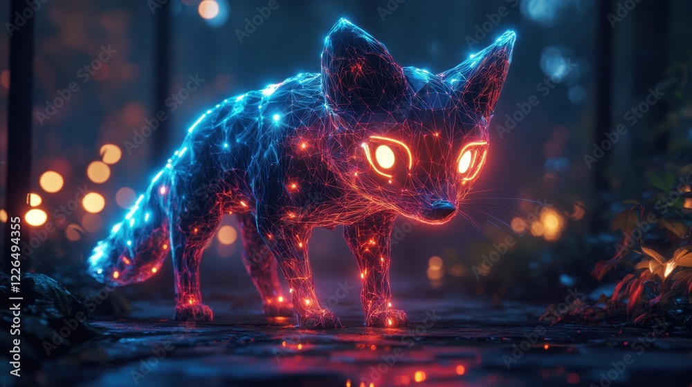 Low-poly 3D model of forest creature with neon outlines Low-poly 3D model of forest creature with neon outlines