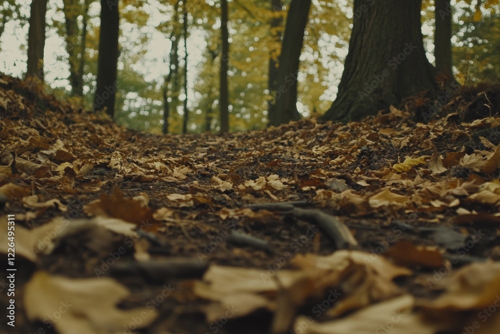 Tranquil Pathway Through Autumn Forest with Fallen Leaves