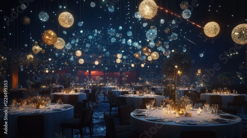 Elegant event hall decorated with hanging lights and tables set for a gala.