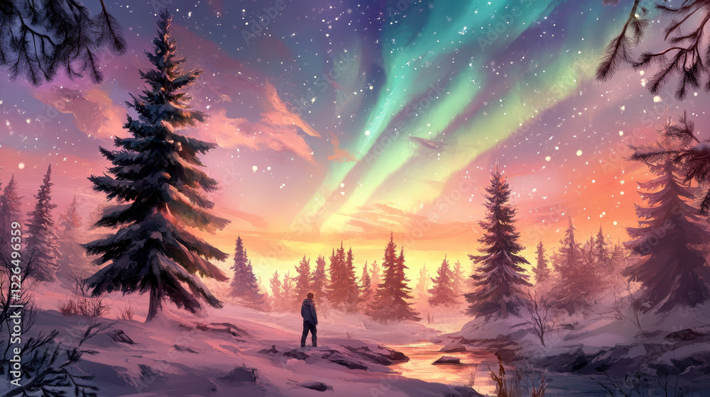 serene winter landscape with snow covered trees, glowing stream, and vibrant aurora lights in green and purple illuminating sky, creating magical atmosphere serene winter landscape with snow covered trees, glowing stream, and vibrant aurora lights in green and purple illuminating sky, creating magical atmosphere