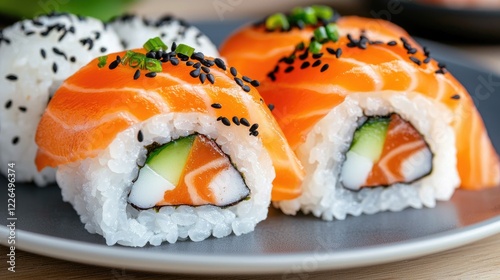 Delicious salmon sushi rolls on a plate, close-up view. Food photography for restaurant menus or websites photo