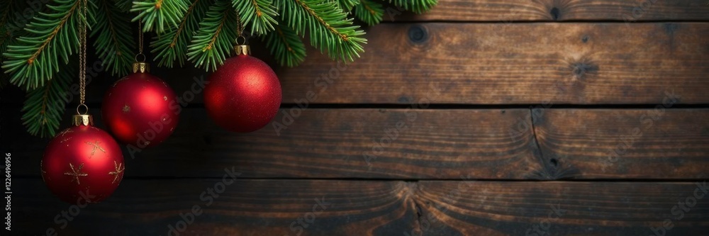 Red and gold ornaments hang from fir branch on a rustic wooden wall, cozy, seasonal Red and gold ornaments hang from fir branch on a rustic wooden wall, cozy, seasonal