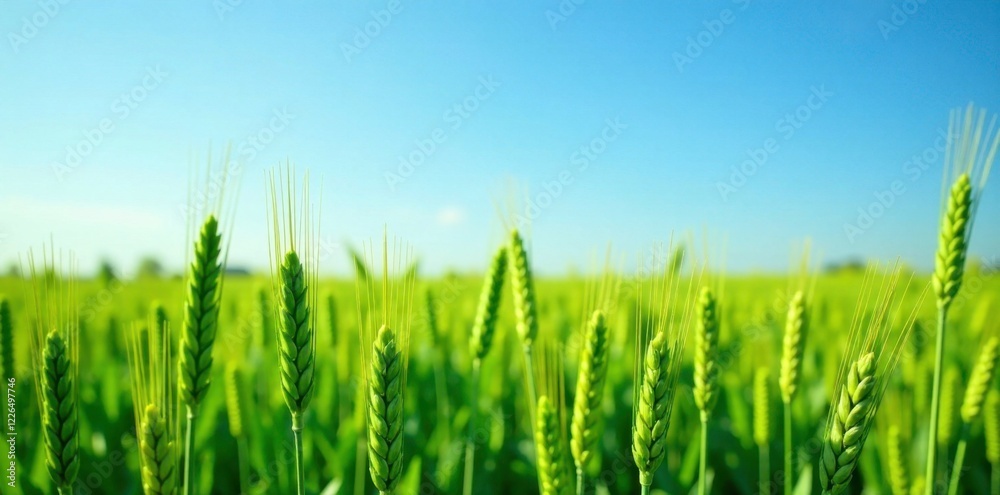 Row of wheat in a green field against a bright blue sky, crop fields, wheat crops Row of wheat in a green field against a bright blue sky, crop fields, wheat crops