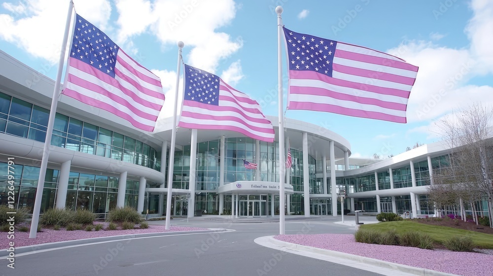 Fototapeta premium Modern building entrance, American flags, sunny day, landscaped grounds, corporate setting, stock photo