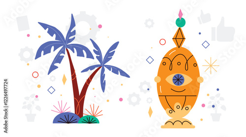 Vector set with arabic elements for Ramadan Greetings, Iftar Party invitation. Arabic hookah, coffee pot, crescent, Eastern lanterns for Iftar, Eid Al-Fitr decoration. Muslim feast of Ramadan month.