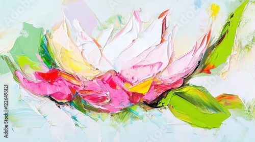 Impasto painting of a vibrant pink and white lotus flower with green leaves.