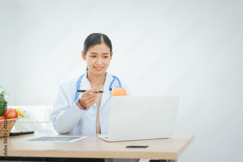 An Asian female doctor at her hospital desk works on a laptop, discussing the importance of eating fruits and vegetables for health and recommending nutritious diets online for patients' well-being An Asian female doctor at her hospital desk works on a laptop, discussing the importance of eating fruits and vegetables for health and recommending nutritious diets online for patients' well-being