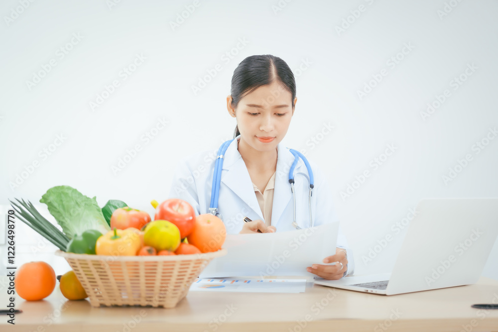 An Asian female doctor at her hospital desk works on a laptop, discussing the importance of eating fruits and vegetables for health and recommending nutritious diets online for patients' well-being An Asian female doctor at her hospital desk works on a laptop, discussing the importance of eating fruits and vegetables for health and recommending nutritious diets online for patients' well-being