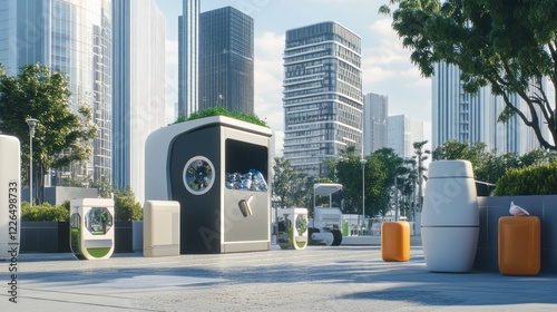Futuristic urban waste management with recycling stations in a modern city landscape