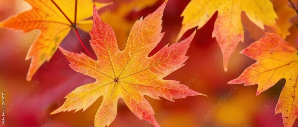 A vibrant fall background with a close-up of maple leaves in shades of red, orange, and yellow, with a soft bokeh effect in the background A vibrant fall background with a close-up of maple leaves in shades of red, orange, and yellow, with a soft bokeh effect in the background