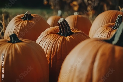 Vibrant Orange Pumpkins Gathered Together in Autumn Harvest Setting photo