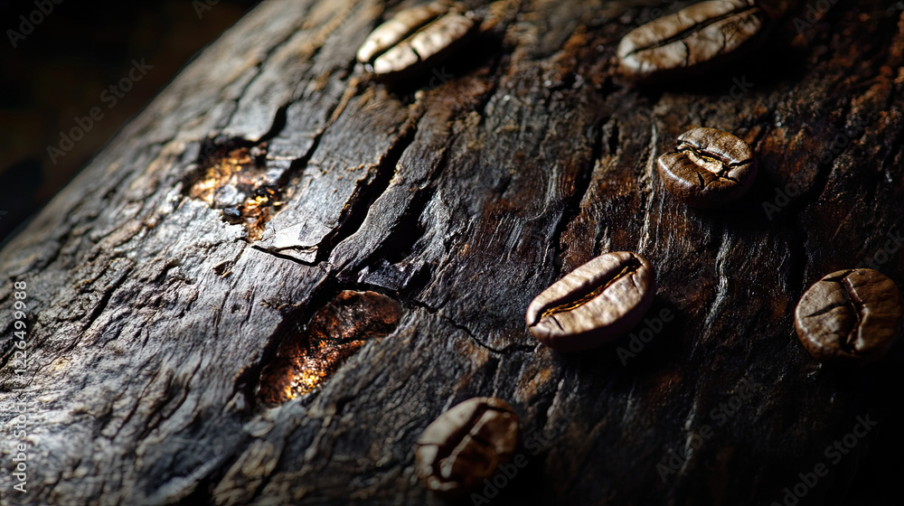 Natural coffee beans on textured wooden surface with warm lighting