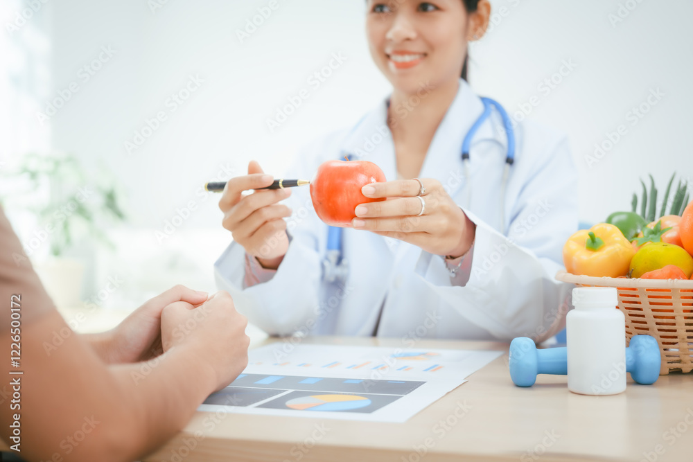 A young female nutritionist expert works at a hospital desk,consulting female patients about eating vegetables fruits, promoting a healthy diet,providing guidance for effective weight loss wellness A young female nutritionist expert works at a hospital desk,consulting female patients about eating vegetables fruits, promoting a healthy diet,providing guidance for effective weight loss wellness