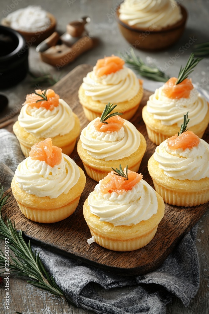 Savory cupcakes with cream cheese frosting and smoked salmon on a wooden board with rosemary Savory cupcakes with cream cheese frosting and smoked salmon on a wooden board with rosemary