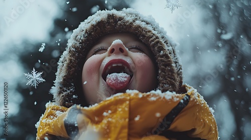 Low-angle shot of a child catching snowflakes on their tongue, their face lit with delight as snow gently falls photo