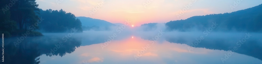 Softly glowing blue mist rises from a serene lake at dawn, blue mist, , morning serenity Softly glowing blue mist rises from a serene lake at dawn, blue mist, , morning serenity