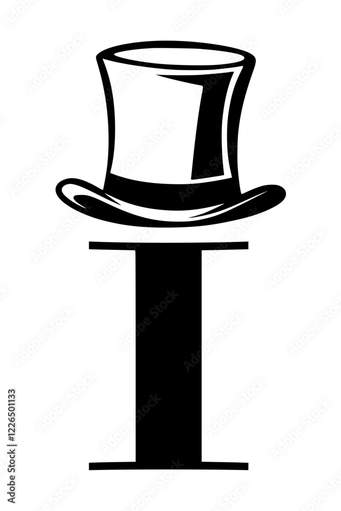 Letter I with Classic Top Hat Silhouette, Minimalist black silhouette of the letter I wearing a formal top hat, symbolizing elegance, sophistication, and vintage style on a white background.
Letter I with Classic Top Hat Silhouette, Minimalist black silhouette of the letter I wearing a formal top hat, symbolizing elegance, sophistication, and vintage style on a white background.