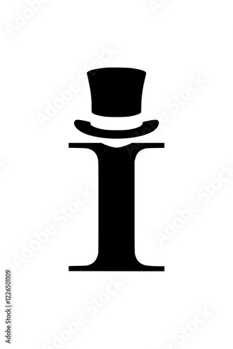 Letter I with Classic Top Hat Silhouette, Minimalist black silhouette of the letter I wearing a formal top hat, symbolizing elegance, sophistication, and vintage style on a white background.  
 
