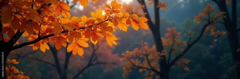 Softly glowing last yellow leaves on treetop branches in the twilight, tree tops, glowing leaves, autumn foliage Softly glowing last yellow leaves on treetop branches in the twilight, tree tops, glowing leaves, autumn foliage