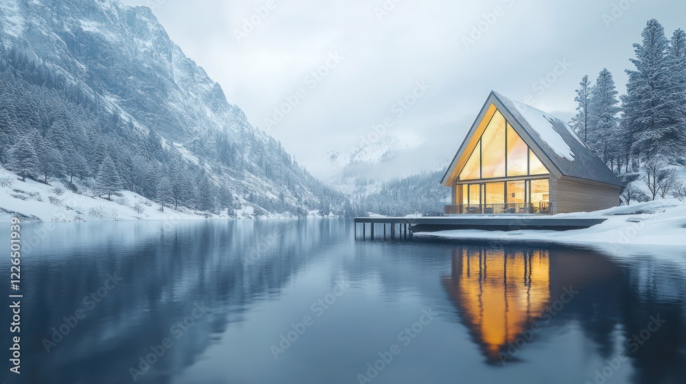Fototapeta premium Modern A-frame cabin on snowy lake at dusk.