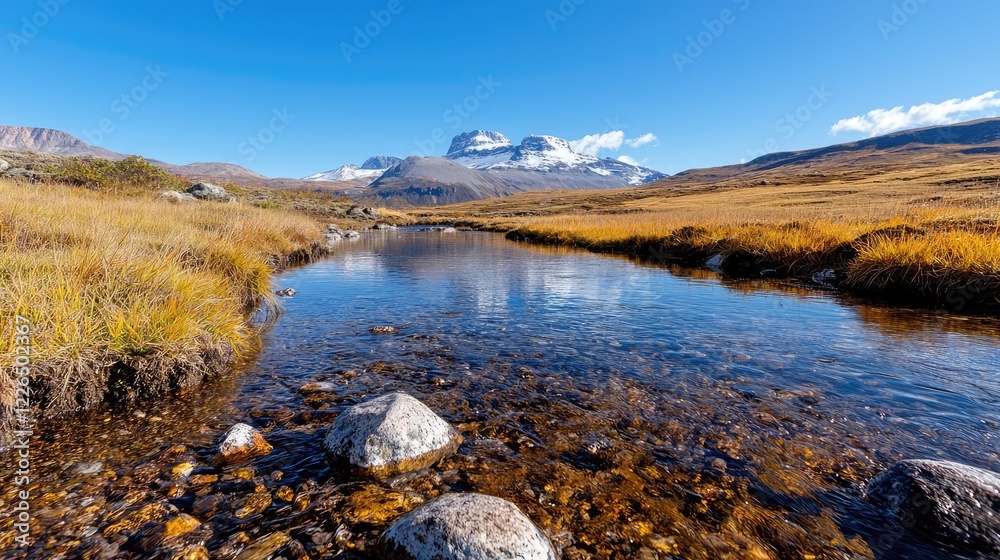 Fototapeta premium Mountain stream reflecting peaks, autumn landscape, clear water, travel photography