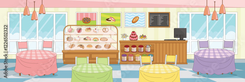 Cute and nice design of cafe bakery with furniture and interior objects vector design