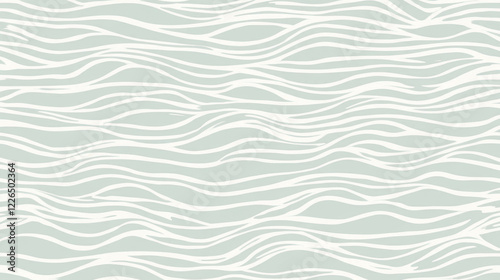 Soft flowing lines create seamless wave pattern in flat design, featuring soothing pale green and white color palette, evoking calm and tranquility