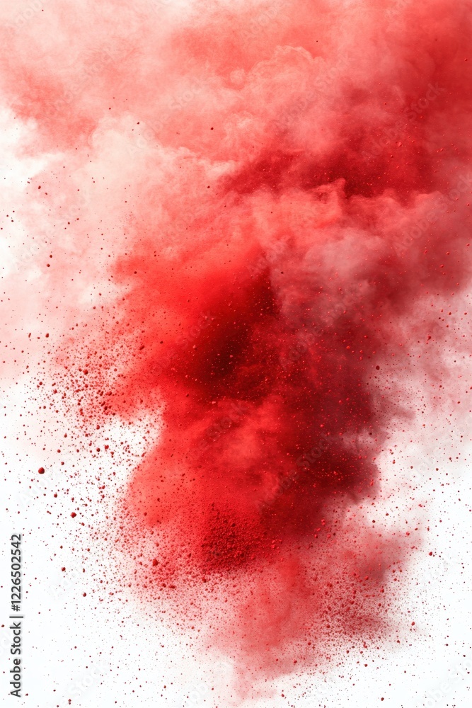 Red powder explosion on white background creating abstract cloud with dynamic movement and texture Red powder explosion on white background creating abstract cloud with dynamic movement and texture