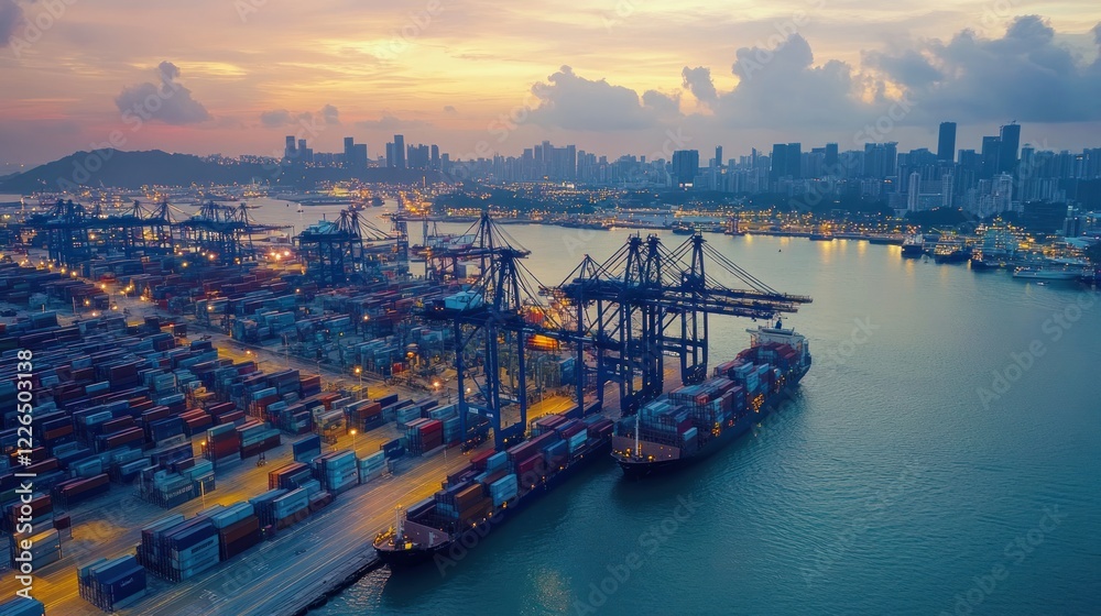 Naklejka premium Aerial view of a busy port at dusk with cargo ships and stacked containers