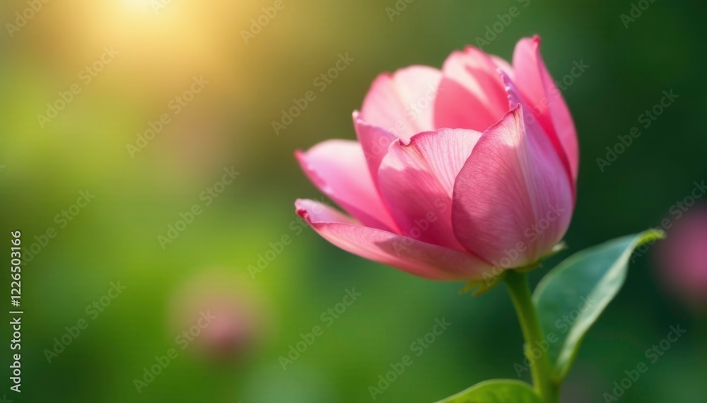 Soft pink petals unfolding from a slender stem under gentle light, pink, greenery Soft pink petals unfolding from a slender stem under gentle light, pink, greenery