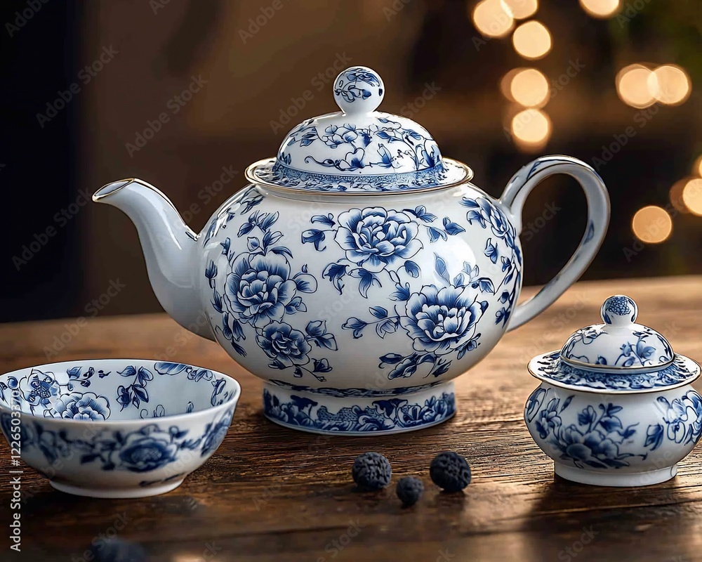 Blue floral teapot, sugar bowl, and bowl on wood. Blue floral teapot, sugar bowl, and bowl on wood.