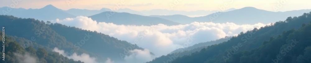 Obraz premium Soft wisps of fog hover above a serene landscape, blur, atmosphere