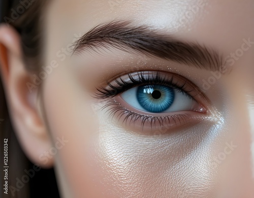 Close Up of Fashion Model Woman with beautiful Crystal Blue Eye and Glossy Resin Effect: beauty, cosmetic, fashion, minimalist makeup, ophthalmology, vision, eyesight, eye, iris, pupil, optical

