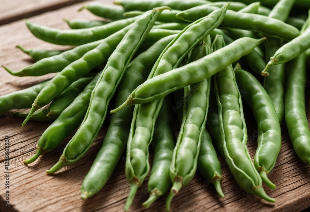 Fresh Green Beans Harvest on Rustic Wooden Background: Close-up, High-Resolution Photo of Vibrant Green Vegetables for Food, Culinary, and Website Design. Fresh Green Beans Harvest on Rustic Wooden Background: Close-up, High-Resolution Photo of Vibrant Green Vegetables for Food, Culinary, and Website Design.