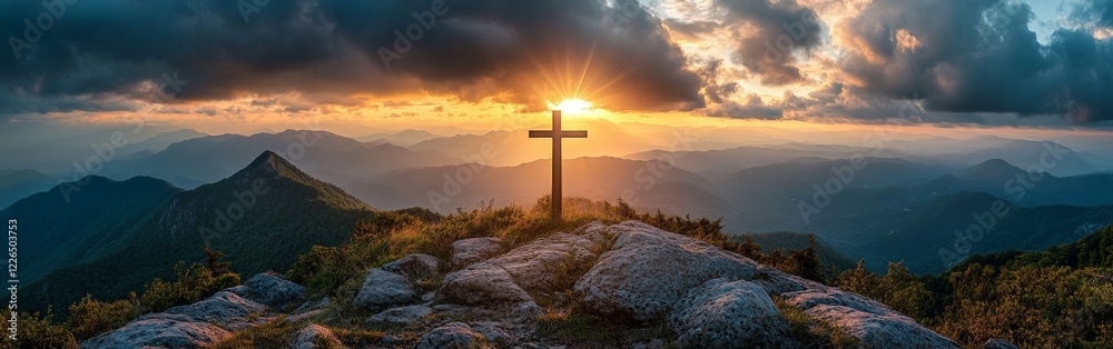 A cross on a hilltop with dramatic sunlight breaking through the clouds. Ideal for faith-based themes, inspiration, or spiritual content. A cross on a hilltop with dramatic sunlight breaking through the clouds. Ideal for faith-based themes, inspiration, or spiritual content.