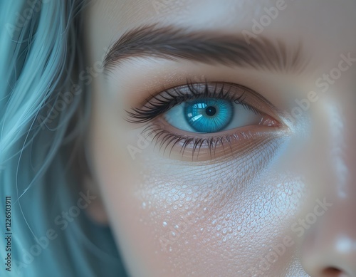 Close Up of Fashion Model Woman with beautiful Crystal Blue Eye and Glossy Resin Effect 8k: beauty, cosmetic, fashion, minimalist makeup, ophthalmology, vision, eyesight, eye, iris, pupil, optical

