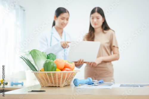 A young female nutritionist expert works at a hospital desk,consulting female patients about eating vegetables fruits, promoting a healthy diet,providing guidance for effective weight loss wellness