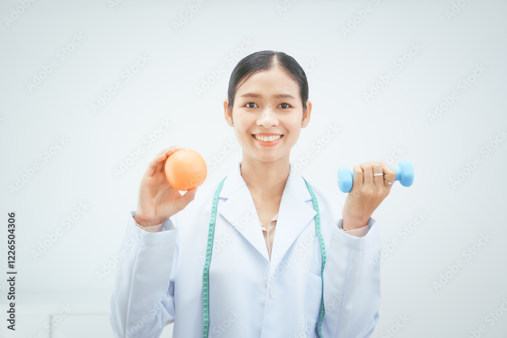 A cute female nutritionist doctor holds a basket of vegetables and fruits against a white background, symbolizing healthy eating, balanced diets, wellness,promoting nutritious food choices overall A cute female nutritionist doctor holds a basket of vegetables and fruits against a white background, symbolizing healthy eating, balanced diets, wellness,promoting nutritious food choices overall