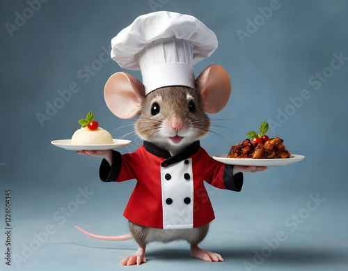 Miniature Adorable Cute Chef Mouse in Black and Red Uniform Holding Steaming Entree Dish: restaurant, kitchen, gourmet, cook, culinary