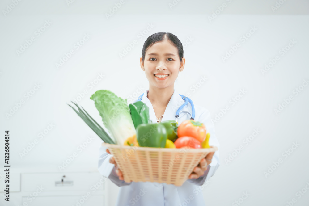 A cute female nutritionist doctor holds a basket of vegetables and fruits against a white background, symbolizing healthy eating, balanced diets, wellness,promoting nutritious food choices overall A cute female nutritionist doctor holds a basket of vegetables and fruits against a white background, symbolizing healthy eating, balanced diets, wellness,promoting nutritious food choices overall