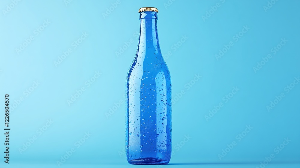 Blue glass bottle with water drops on light blue background studio shot minimal style Blue glass bottle with water drops on light blue background studio shot minimal style
