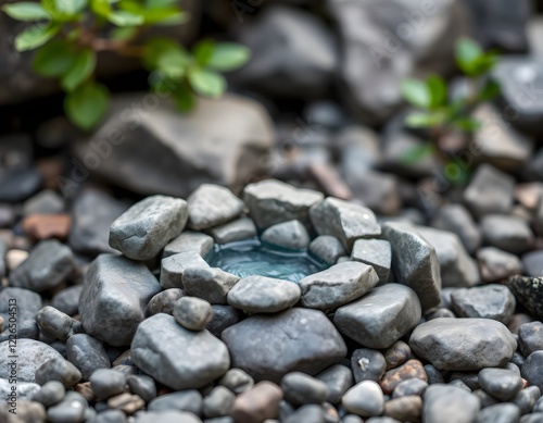 Miniature Stone Spa Setting with Rocks and pebbles; miniature well: relaxation, wellness, tranquil, serenity, aesthetic

