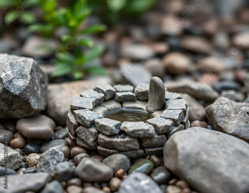 Miniature Stone Spa Setting with Rocks and pebbles; miniature well: relaxation, wellness, tranquil, serenity, aesthetic, nature
