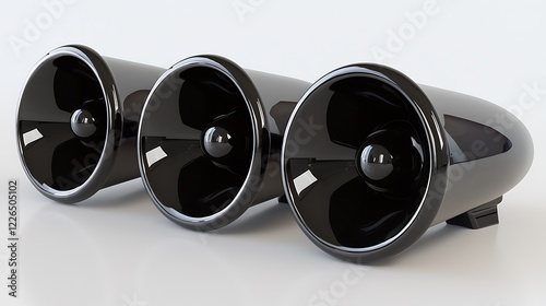 Three black glossy speakers on white background, for music listening photo