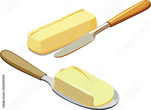 Butter curl and stick of butter with butter knives resting on white background