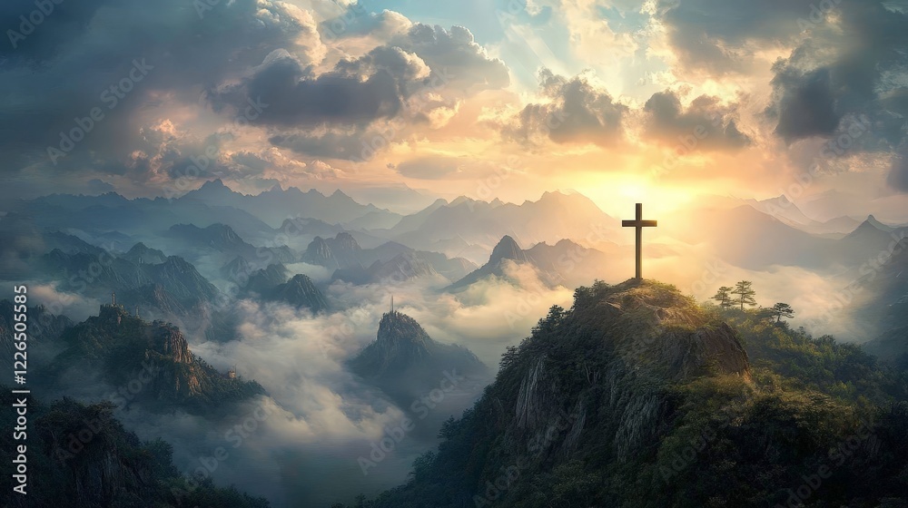 A cross on a hilltop with dramatic sunlight breaking through the clouds. Ideal for faith-based themes, inspiration, or spiritual content. A cross on a hilltop with dramatic sunlight breaking through the clouds. Ideal for faith-based themes, inspiration, or spiritual content.