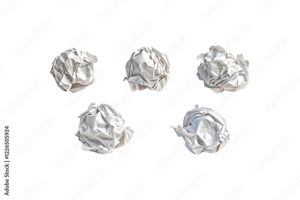 4 different crumpled paper balls isolated on a white background, 4 different crumpled paper balls isolated on a white background,