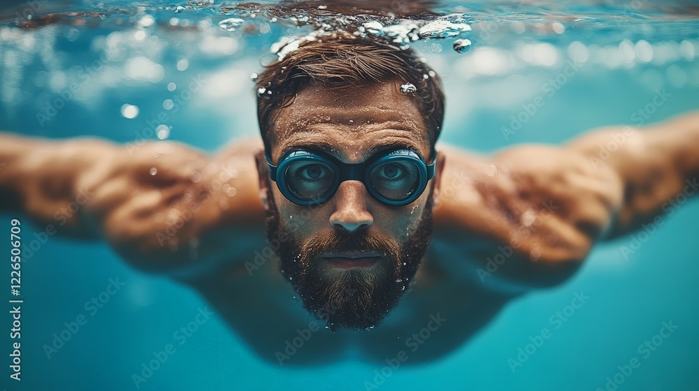 Fototapeta premium Professional swimmer mid-butterfly stroke in a pool. Energetic and dynamic image suitable for sportswear, competitions, or fitness promotions.