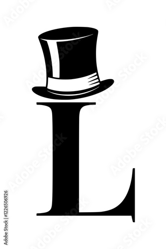 Letter L with Elegant Top Hat Design , Black and white artistic representation of the letter L adorned with a stylish tilted top hat, symbolizing sophistication, class, and vintage charm.  
 
